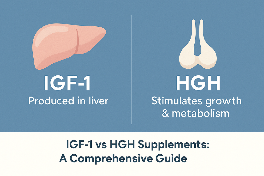 Infographic: left side shows a liver icon labeled “IGF-1 (produced in liver)”; right side shows a pituitary icon labeled “HGH (stimulates growth & metabolism)”